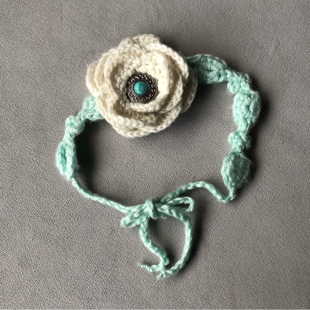 Hand Crocheted Floral Headband with Brooch ~ Ivory Flower with Mint Turquoise